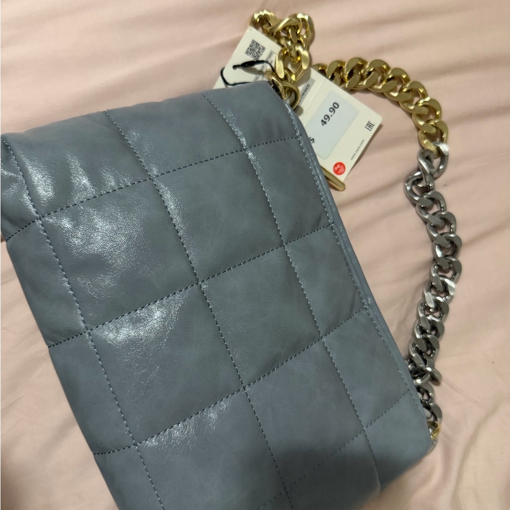 Zara Gray Quilted Shoulder Bag with Gold and Silver Chain
